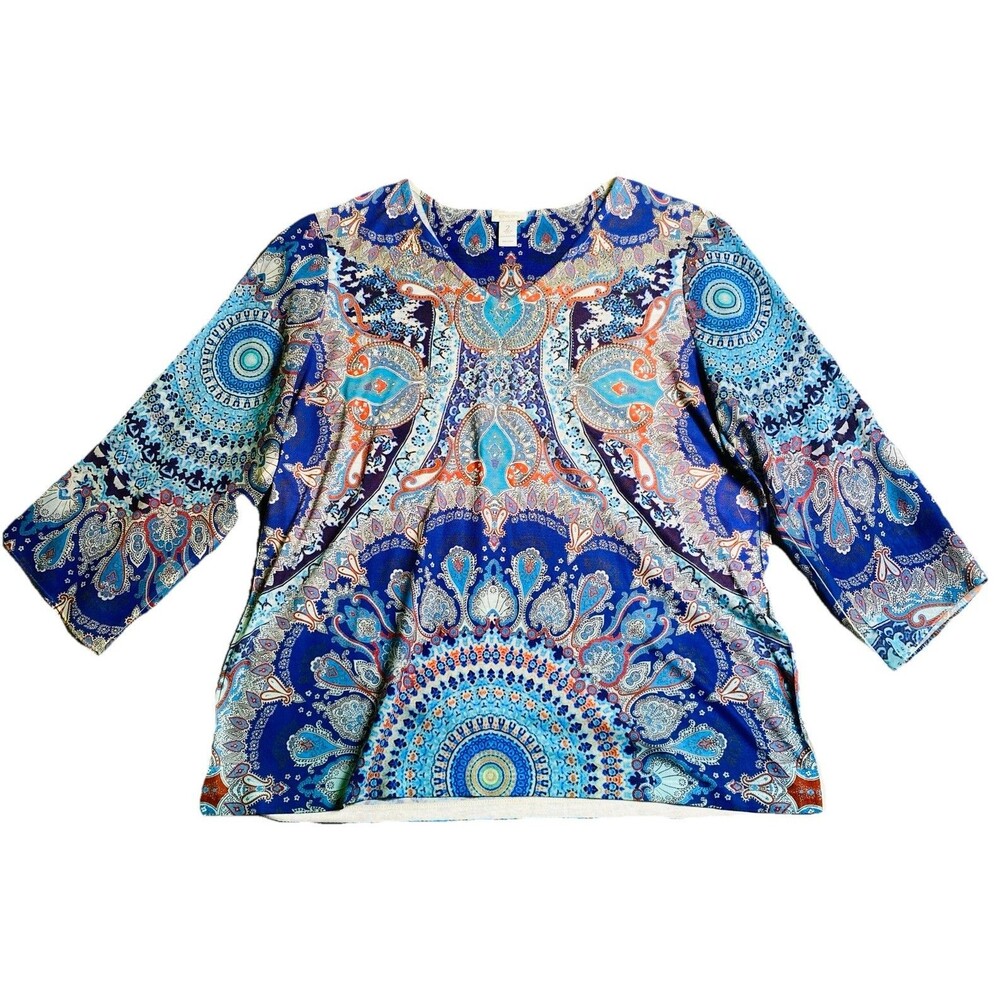 Chico's size 2 colorful paisley 3/4 sleeve shirt tunic Embellished.